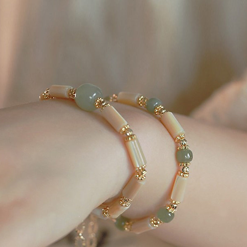 Buddha Stones 14K Gold Plated Tridacna Stone Hetian Jade Bead Bamboo Pattern Bracelet - image 1
