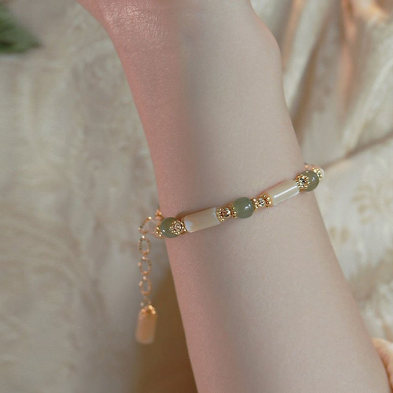 Buddha Stones 14K Gold Plated Tridacna Stone Hetian Jade Bead Bamboo Pattern Bracelet - image 4