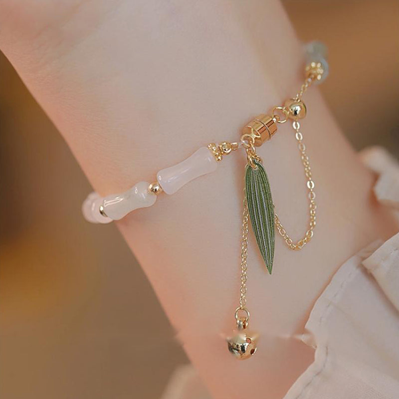 Buddha Stones 14K Gold Plated Hetian White Jade Bamboo Leaf Luck Protection Bracelet - Hetian White Jade(Protection♥Happiness)(Wrist Circumference 14-15cm) - image 0