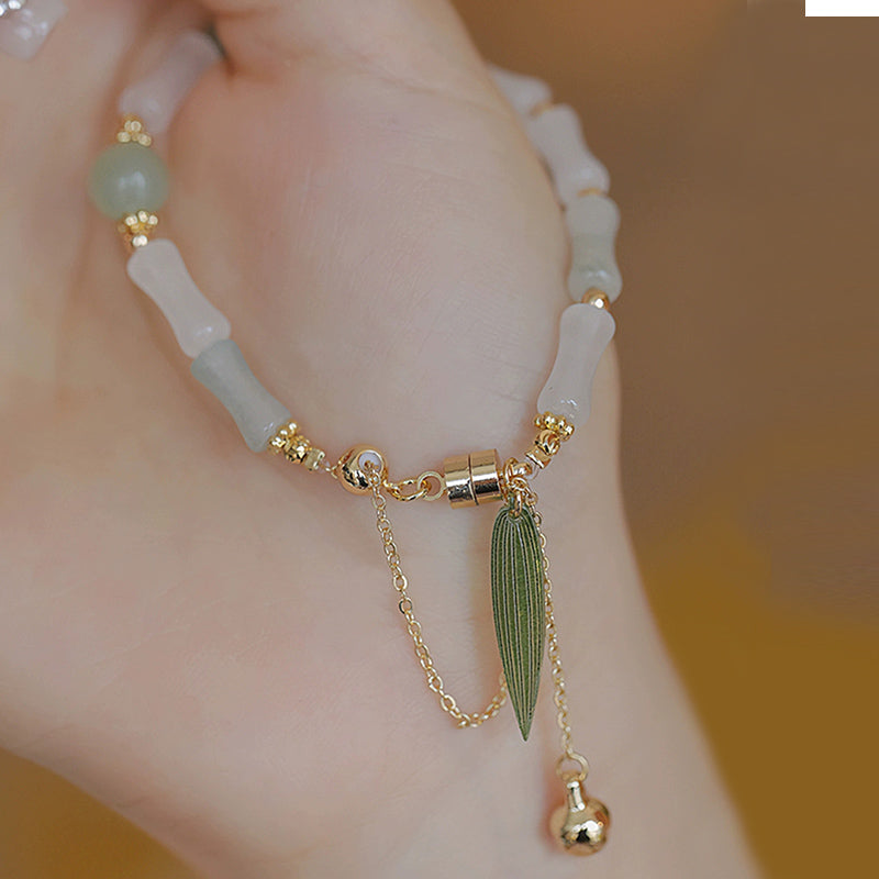 Buddha Stones 14K Gold Plated Hetian White Jade Bamboo Leaf Luck Protection Bracelet - image 1