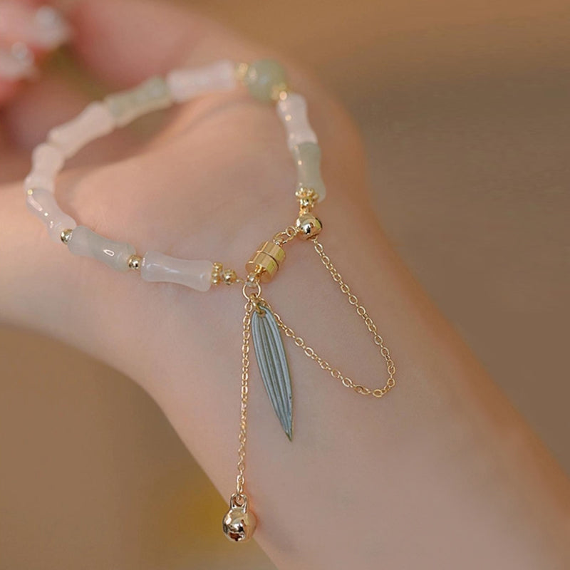 Buddha Stones 14K Gold Plated Hetian White Jade Bamboo Leaf Luck Protection Bracelet - image 5