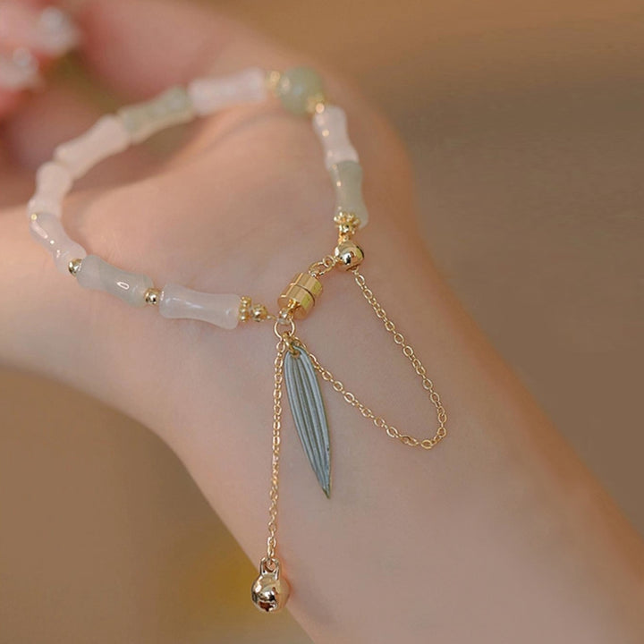 Buddha Stones 14K Gold Plated Hetian White Jade Bamboo Leaf Luck Protection Bracelet - image 5