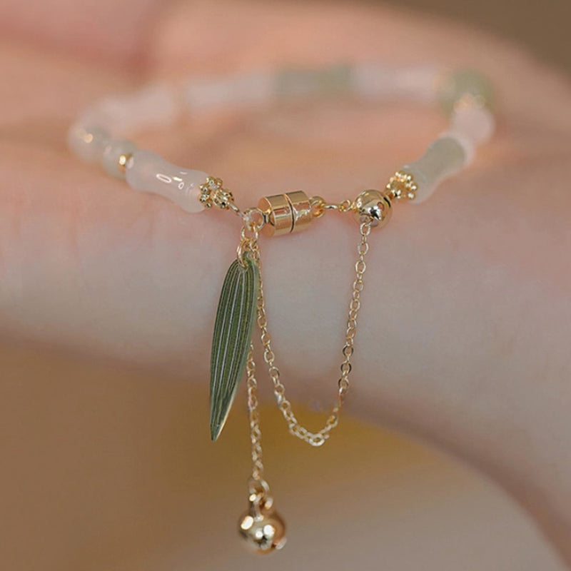 Buddha Stones 14K Gold Plated Hetian White Jade Bamboo Leaf Luck Protection Bracelet - image 4