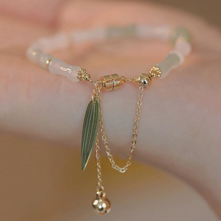 Buddha Stones 14K Gold Plated Hetian White Jade Bamboo Leaf Luck Protection Bracelet - image 4
