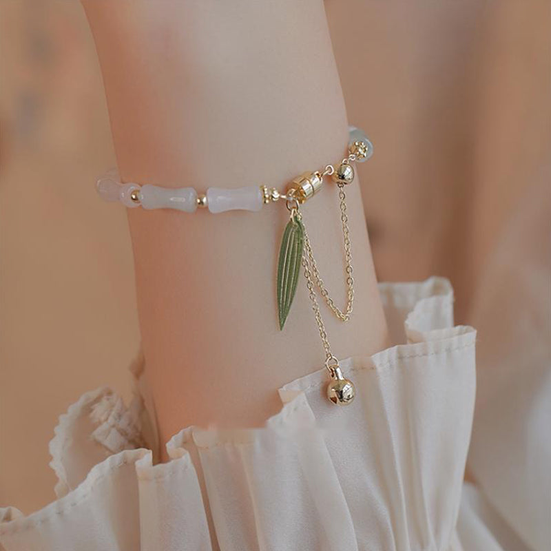 Buddha Stones 14K Gold Plated Hetian White Jade Bamboo Leaf Luck Protection Bracelet - image 2