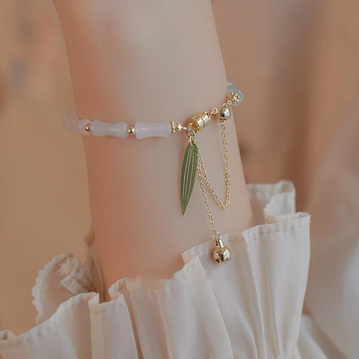 Buddha Stones 14K Gold Plated Hetian White Jade Bamboo Leaf Luck Protection Bracelet - image 2