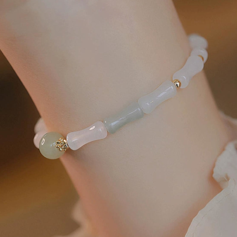 Buddha Stones 14K Gold Plated Hetian White Jade Bamboo Leaf Luck Protection Bracelet - image 8