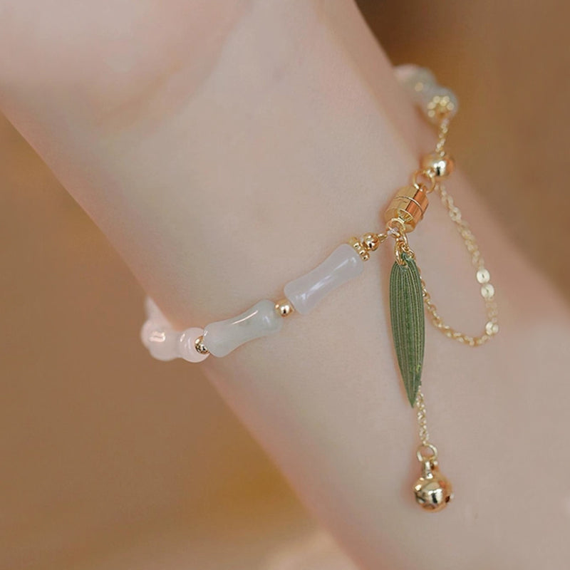 Buddha Stones 14K Gold Plated Hetian White Jade Bamboo Leaf Luck Protection Bracelet - image 3