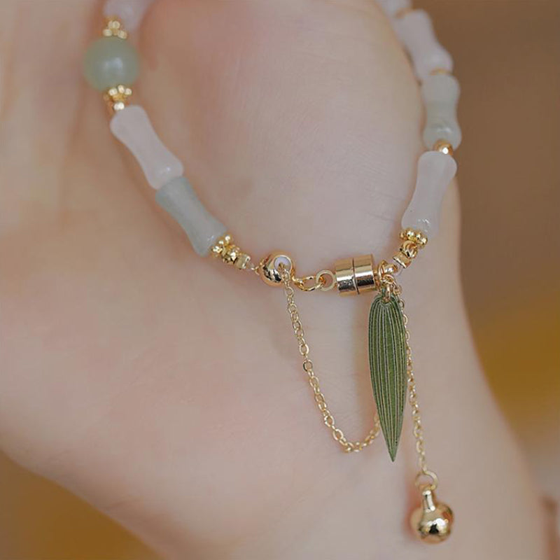 Buddha Stones 14K Gold Plated Hetian White Jade Bamboo Leaf Luck Protection Bracelet - image 7