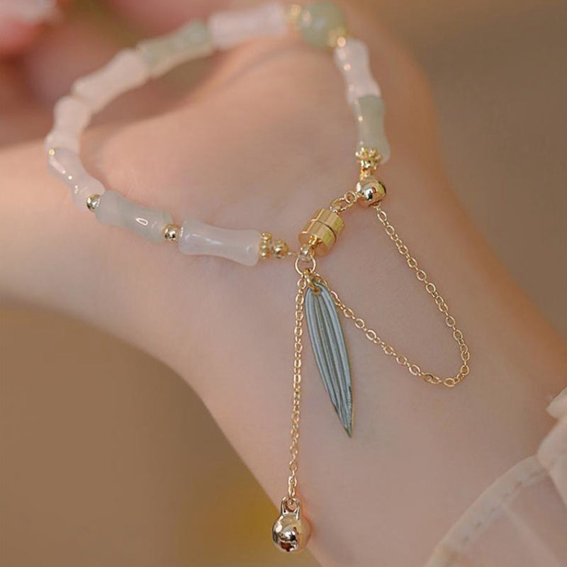 Buddha Stones 14K Gold Plated Hetian White Jade Bamboo Leaf Luck Protection Bracelet - image 6