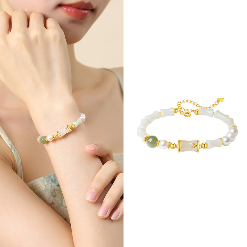 Buddha Stones 925 Sterling Silver Natural Hetian White Jade Bamboo Luck Blessing Bracelet - image 8