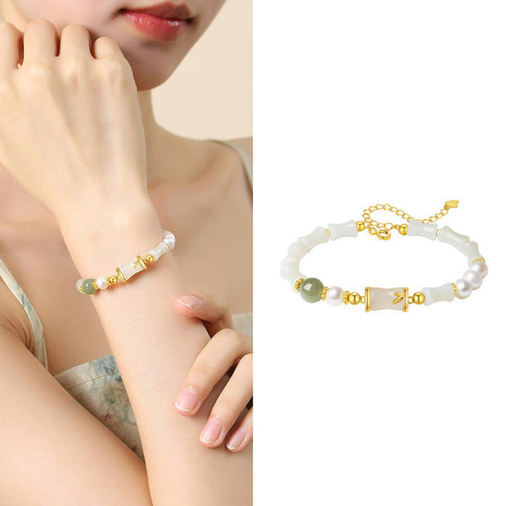 Buddha Stones 925 Sterling Silver Natural Hetian White Jade Bamboo Luck Blessing Bracelet - image 8