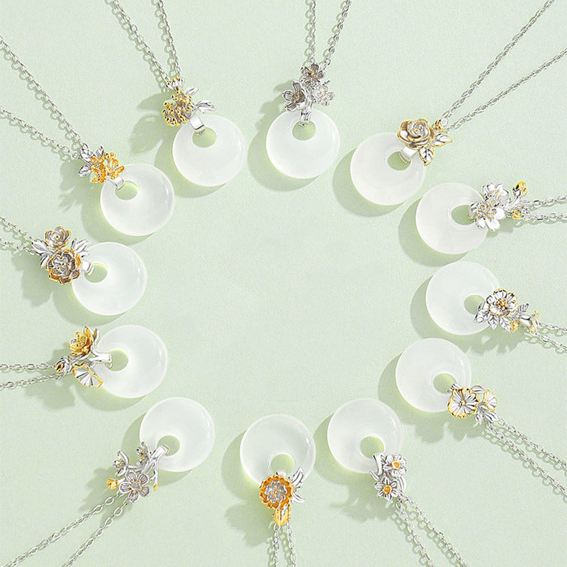 Buddha Stones 925 Sterling Silver Round Chalcedony Twelve Months Flower Harmony Necklace Pendant - image 0