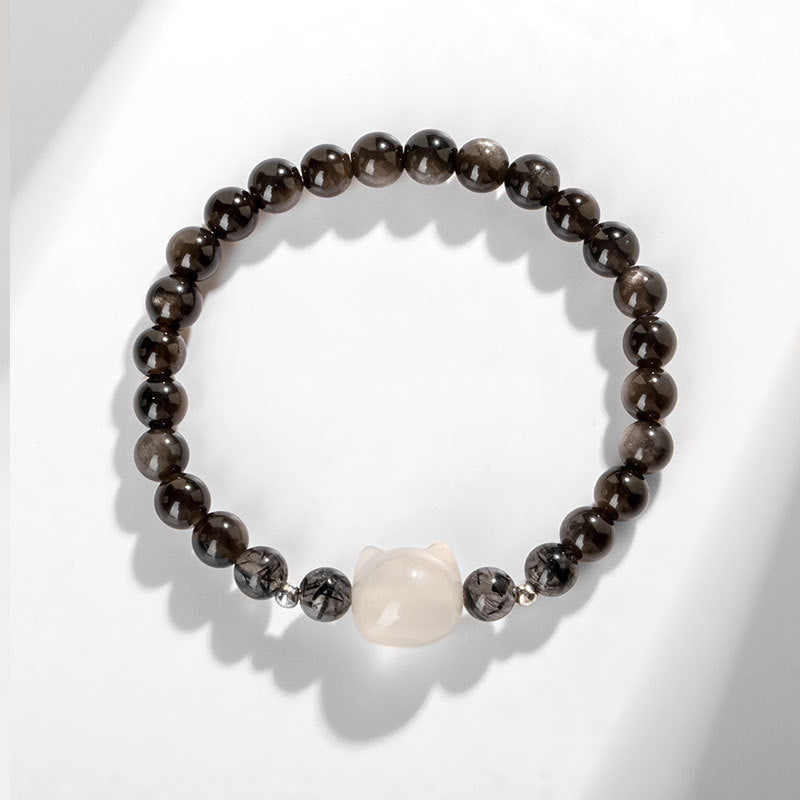 Buddha Stones Natural Silver Sheen Obsidian Cute Cat Head Protection Bracelet - image 7