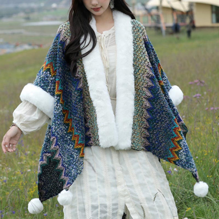 Buddha Stones Tibetan Multicolored Wavy Lines Knitted Striped Shawl Coat Winter Cozy Travel Scarf Wrap - image 1