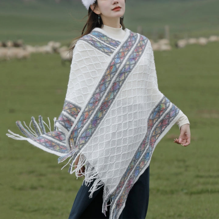 Buddha Stones Tibetan Colorful Striped Rhombus Pattern Shawl Tassels Pullover Winter Cozy Travel Scarf Wrap - White 150cm*55cm - image 0