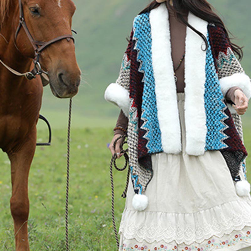 Buddha Stones Tibetan Multicolored Wavy Lines Knitted Striped Shawl Coat Winter Cozy Travel Scarf Wrap - image 16