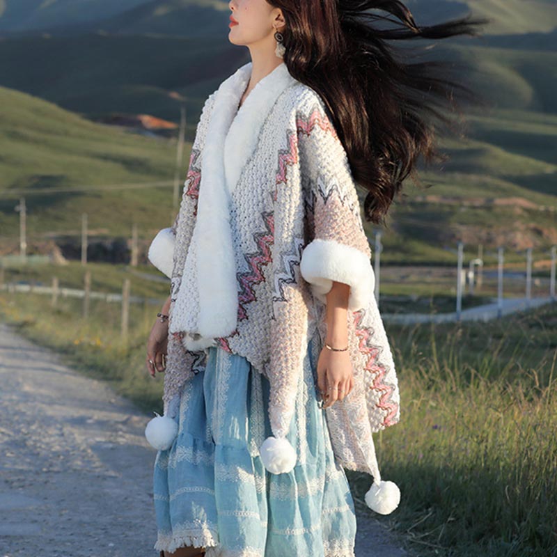 Buddha Stones Tibetan Multicolored Wavy Lines Knitted Striped Shawl Coat Winter Cozy Travel Scarf Wrap - image 26