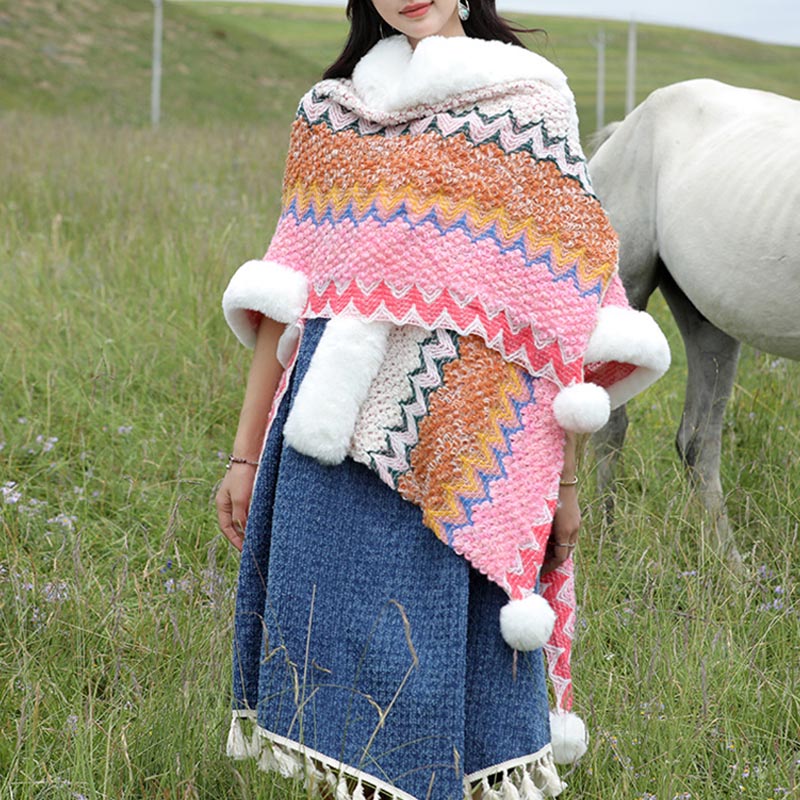 Buddha Stones Tibetan Multicolored Wavy Lines Knitted Striped Shawl Coat Winter Cozy Travel Scarf Wrap - image 20