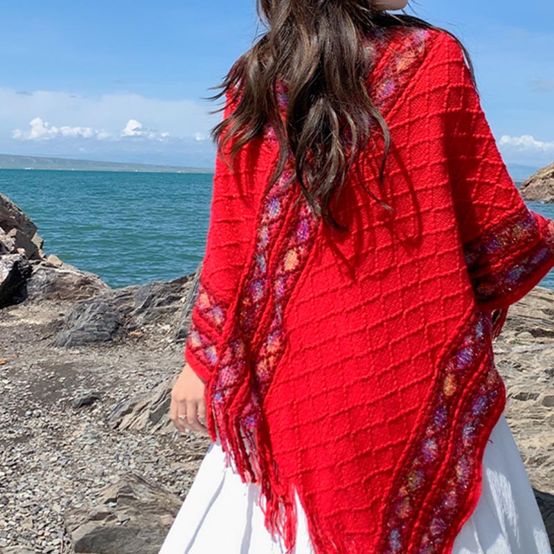 Buddha Stones Tibetan Colorful Striped Rhombus Pattern Shawl Tassels Pullover Winter Cozy Travel Scarf Wrap - image 15