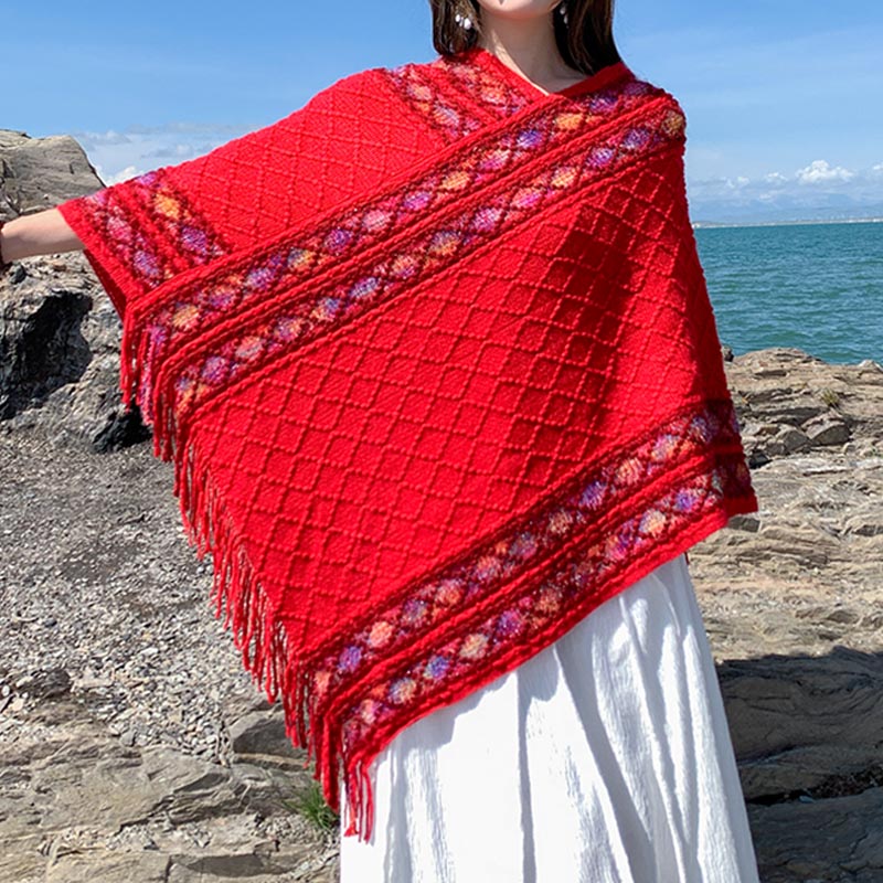 Buddha Stones Tibetan Colorful Striped Rhombus Pattern Shawl Tassels Pullover Winter Cozy Travel Scarf Wrap - image 16