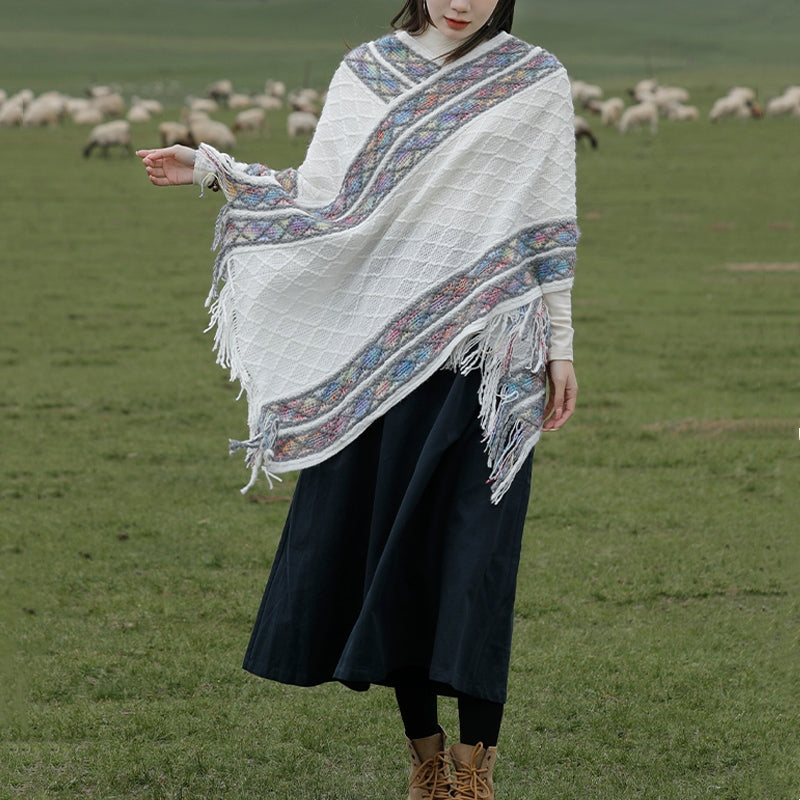 Buddha Stones Tibetan Colorful Striped Rhombus Pattern Shawl Tassels Pullover Winter Cozy Travel Scarf Wrap - image 1