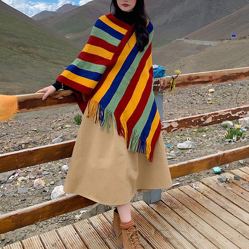 Buddha Stones Tibetan Colorful Striped Design Shawl Tassels Pullover Winter Cozy Travel Scarf Wrap - image 11
