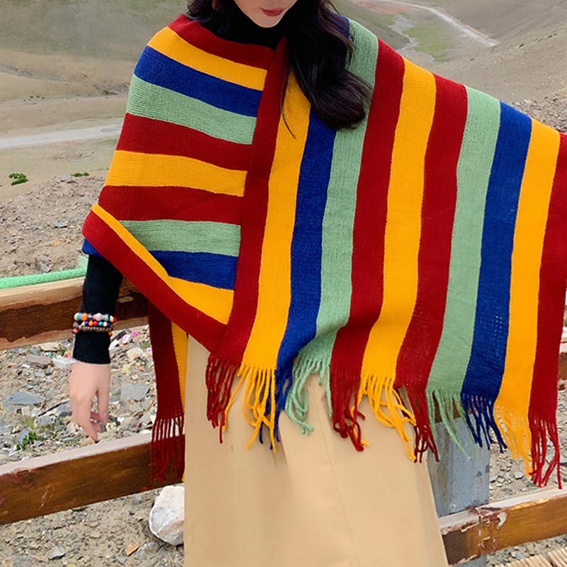 Buddha Stones Tibetan Colorful Striped Design Shawl Tassels Pullover Winter Cozy Travel Scarf Wrap - image 2