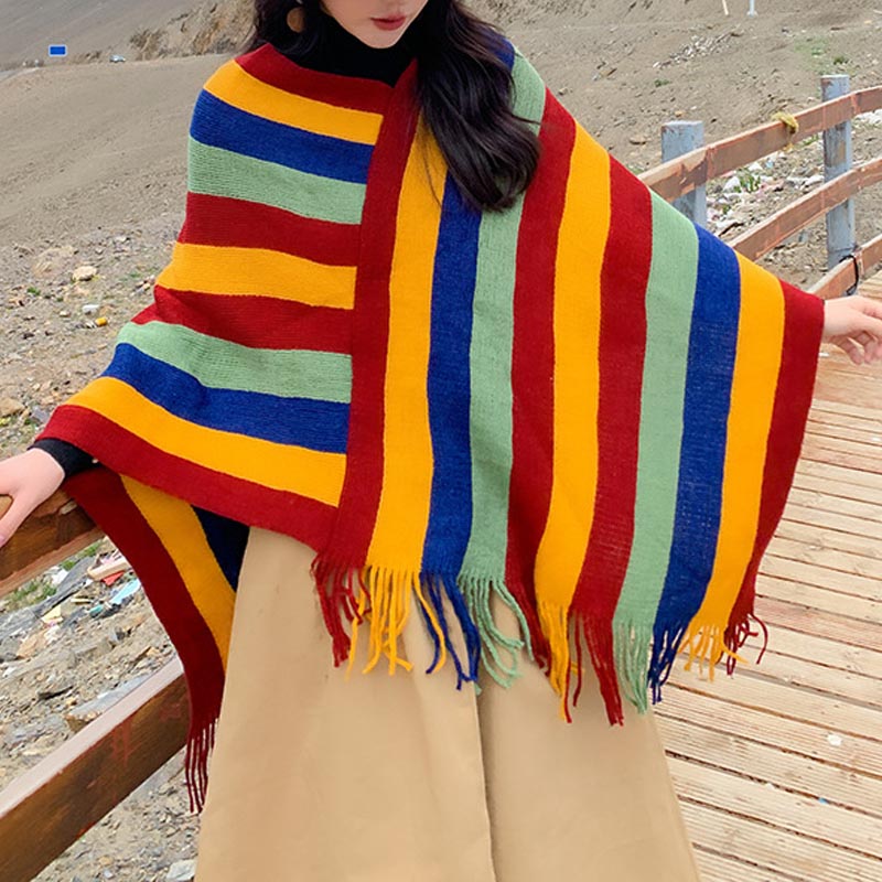 Buddha Stones Tibetan Colorful Striped Design Shawl Tassels Pullover Winter Cozy Travel Scarf Wrap - Red Yellow Green 72cm*90cm - image 0