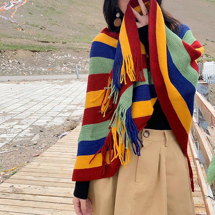 Buddha Stones Tibetan Colorful Striped Design Shawl Tassels Pullover Winter Cozy Travel Scarf Wrap - image 10