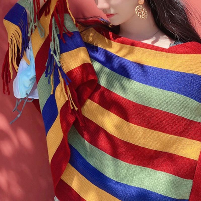 Buddha Stones Tibetan Colorful Striped Design Shawl Tassels Pullover Winter Cozy Travel Scarf Wrap - image 7