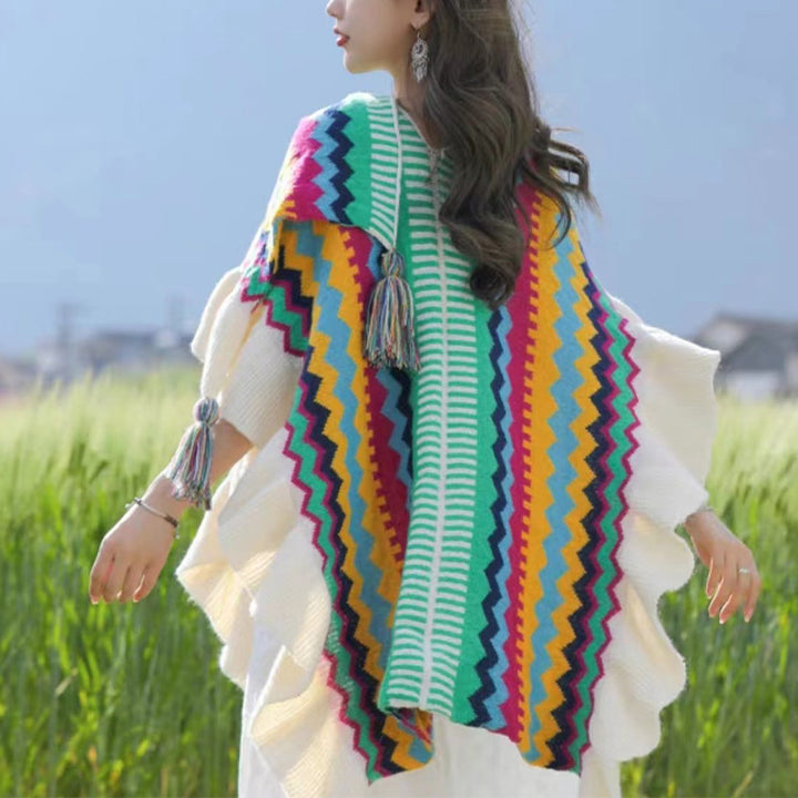 Buddha Stones Tibetan Colorful Striped Shawl Tassels Cozy Warm Travel Scarf Wrap - Green Orange Beige(Wavy Edge) 185cm*65cm - image 24