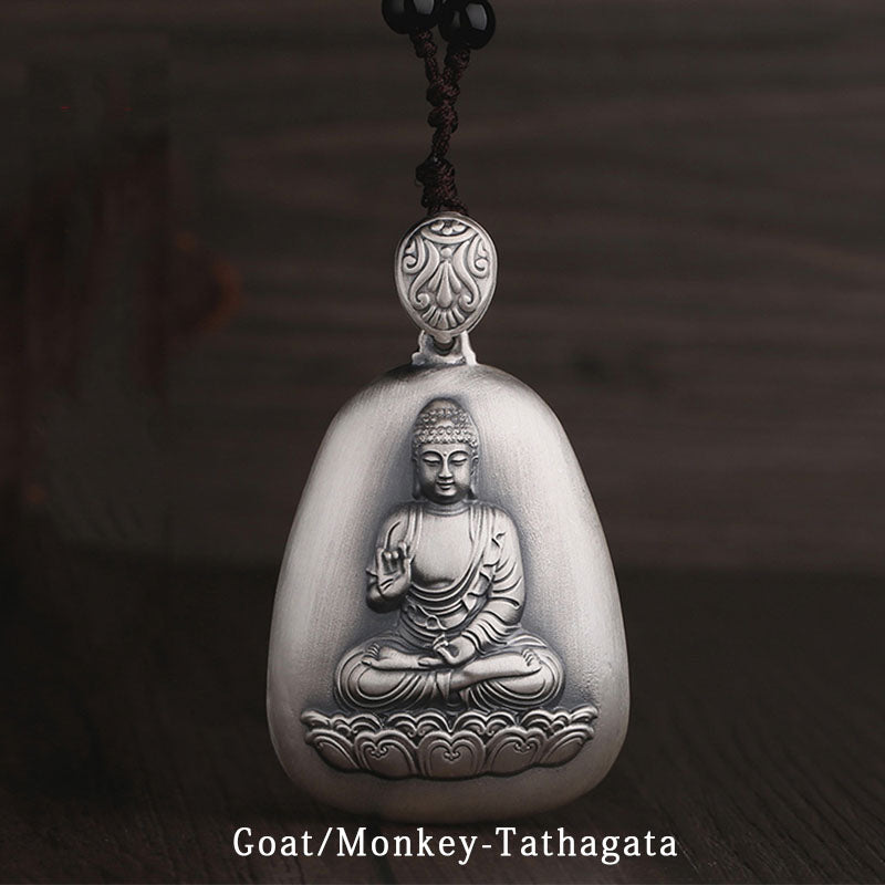 Buddha Stones 999 Sterling Silver Chinese Zodiac Natal Buddha Heart Sutra Engraved Protection Necklace Pendant - Goat/Monkey-Tathagata - image 0