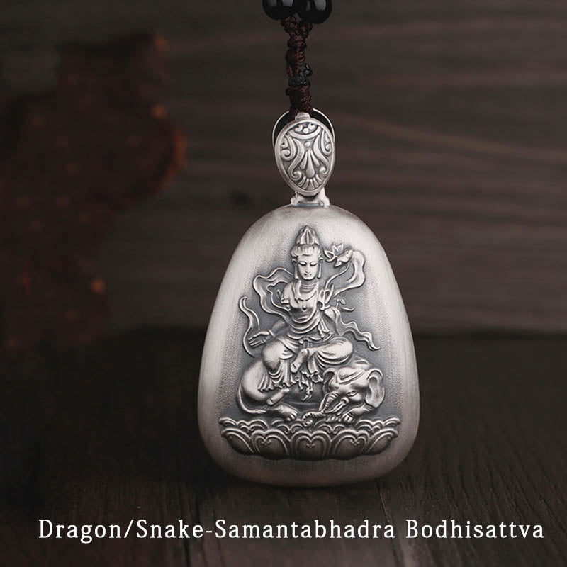 Buddha Stones 999 Sterling Silver Chinese Zodiac Natal Buddha Heart Sutra Engraved Protection Necklace Pendant - Dragon/Snake-Samantabhadra Bodhisattva - image 5