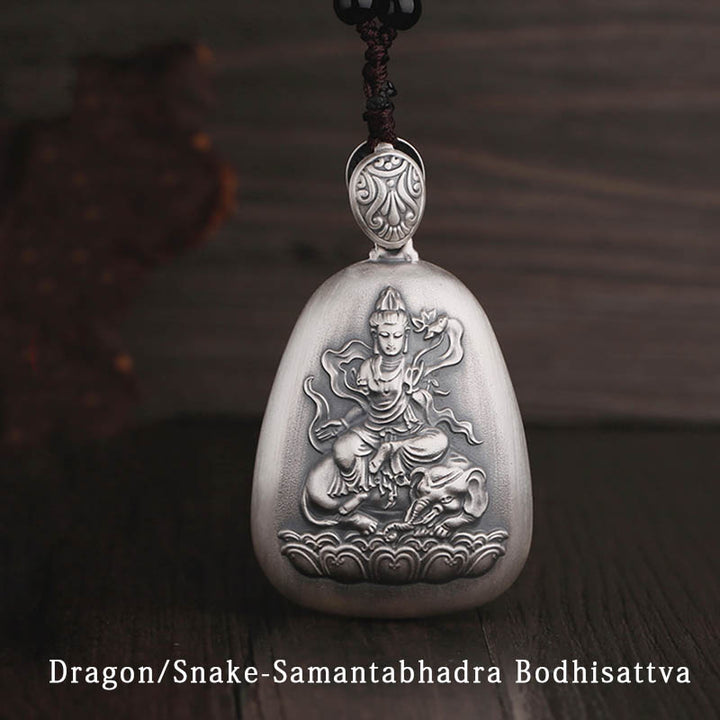 Buddha Stones 999 Sterling Silver Chinese Zodiac Natal Buddha Heart Sutra Engraved Protection Necklace Pendant - Dragon/Snake-Samantabhadra Bodhisattva - image 5