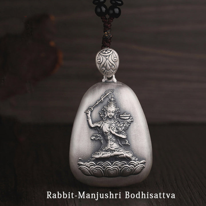 Buddha Stones 999 Sterling Silver Chinese Zodiac Natal Buddha Heart Sutra Engraved Protection Necklace Pendant - Rabbit-Manjushri Bodhisattva - image 13