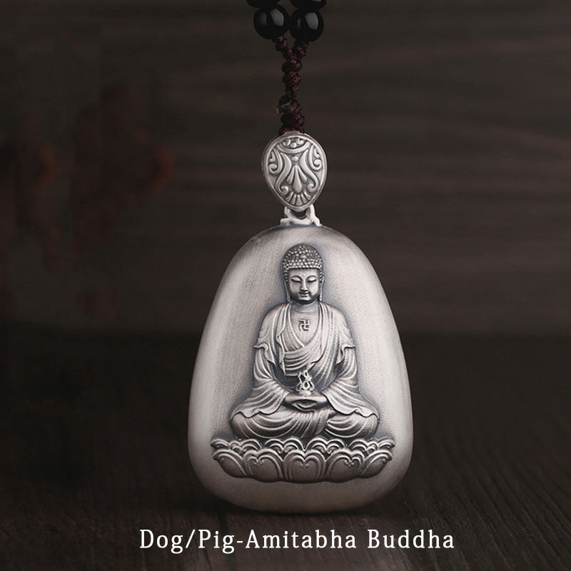 Buddha Stones 999 Sterling Silver Chinese Zodiac Natal Buddha Heart Sutra Engraved Protection Necklace Pendant - Dog/Pig-Amitabha Buddha - image 14