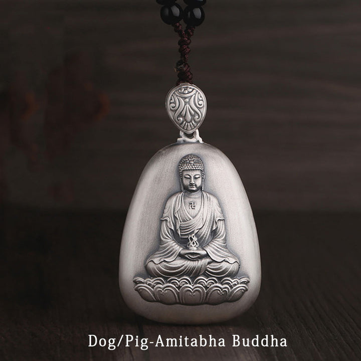 Buddha Stones 999 Sterling Silver Chinese Zodiac Natal Buddha Heart Sutra Engraved Protection Necklace Pendant - Dog/Pig-Amitabha Buddha - image 14