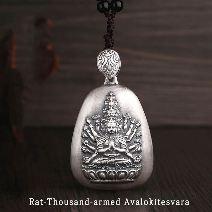 Buddha Stones 999 Sterling Silver Chinese Zodiac Natal Buddha Heart Sutra Engraved Protection Necklace Pendant - Rat-Thousand-armed Avalokitesvara - image 15