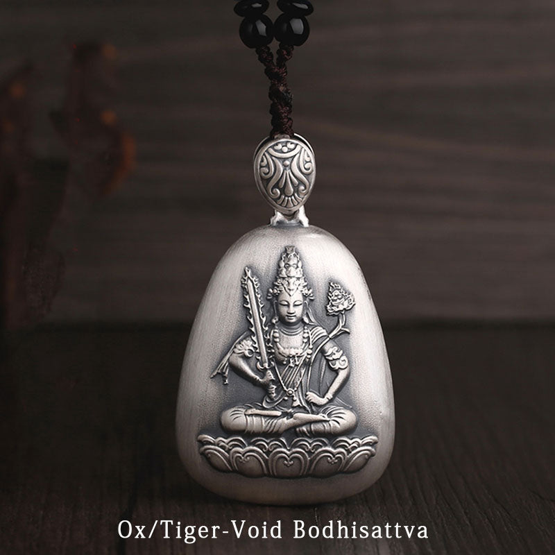 Buddha Stones 999 Sterling Silver Chinese Zodiac Natal Buddha Heart Sutra Engraved Protection Necklace Pendant - Ox/Tiger-Void Bodhisattva - image 16