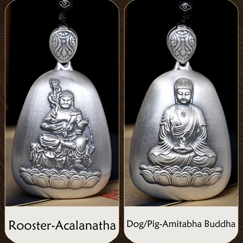 Buddha Stones 999 Sterling Silver Chinese Zodiac Natal Buddha Heart Sutra Engraved Protection Necklace Pendant - image 21