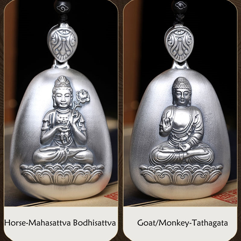 Buddha Stones 999 Sterling Silver Chinese Zodiac Natal Buddha Heart Sutra Engraved Protection Necklace Pendant - image 20