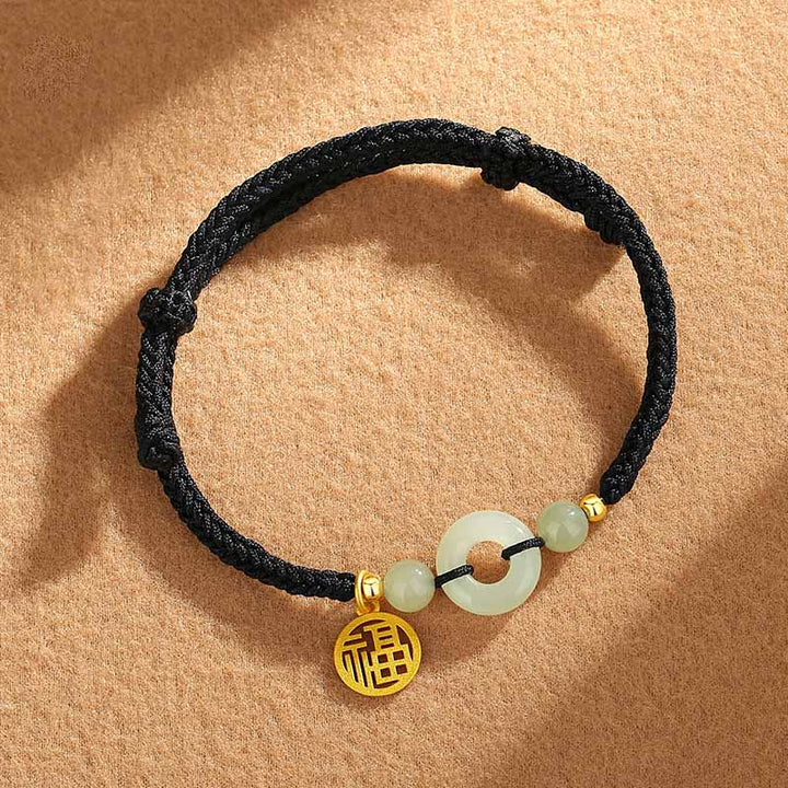 Buddha Stones 925 Sterling Silver Hetian Jade Peace Buckle Fu Character Charm Abundance Bracelet - Black Rope(Wrist Circumference 14-16cm) - image 3