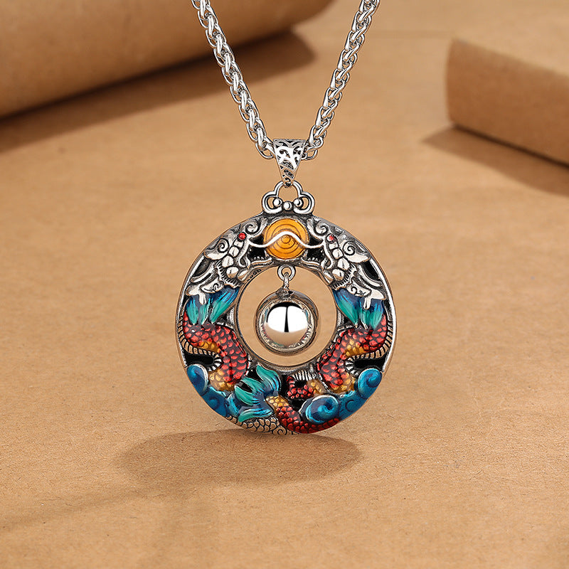 Buddha Stones Year of the Dragon Colorful Double Dragons Playing Bead Copper Protection Necklace Pendant - image 1