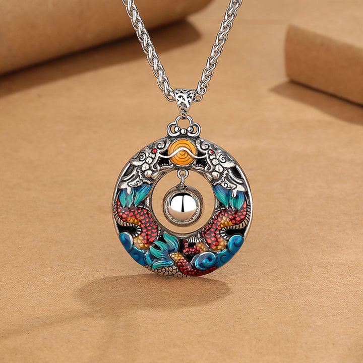 Buddha Stones Year of the Dragon Colorful Double Dragons Playing Bead Copper Protection Necklace Pendant - image 1