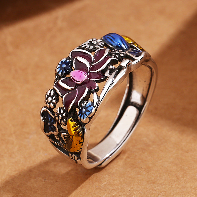 Buddha Stones Koi Fish Lotus Flower Leaf Design Luck Wealth Ring - image 1