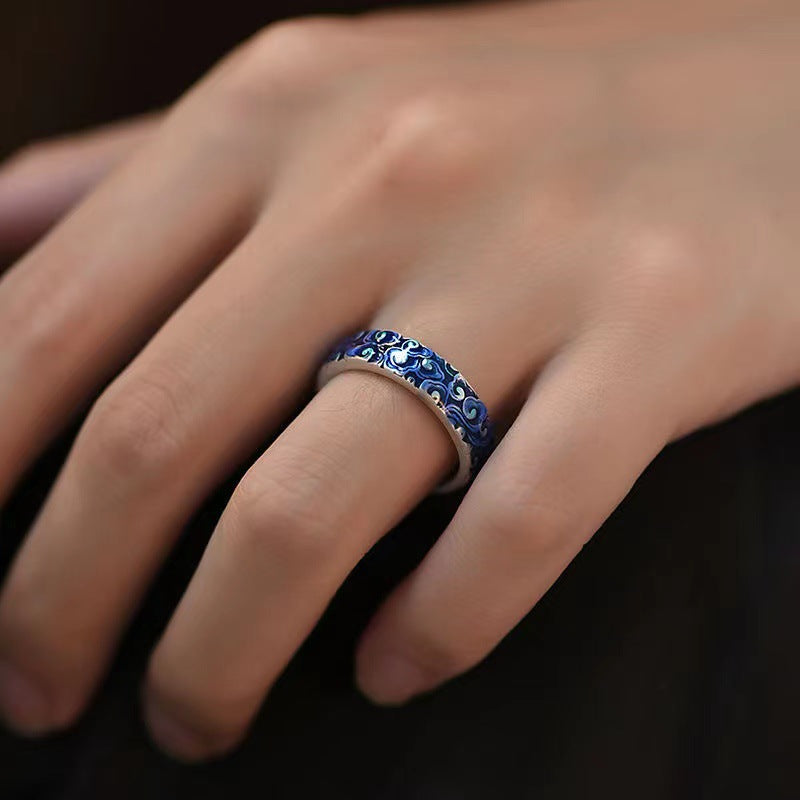 Buddha Stones Blue Auspicious Clouds Design Healing Copper Adjustable Ring - image 2