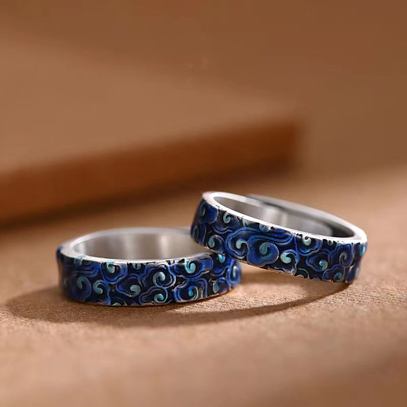 Buddha Stones Blue Auspicious Clouds Design Healing Copper Adjustable Ring - image 3