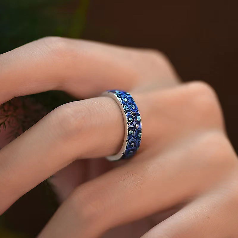 Buddha Stones Blue Auspicious Clouds Design Healing Copper Adjustable Ring - image 1