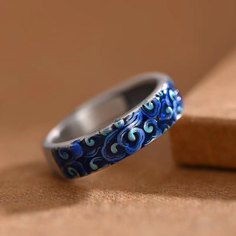 Buddha Stones Blue Auspicious Clouds Design Healing Copper Adjustable Ring - Adjustable - image 0